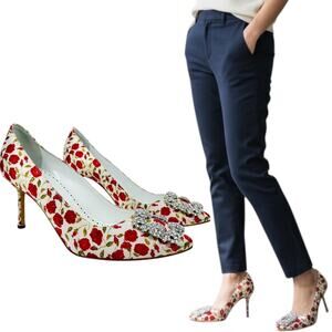 New Manolo Blahnik Floral Hangisi Crystal Pumps White Size 38